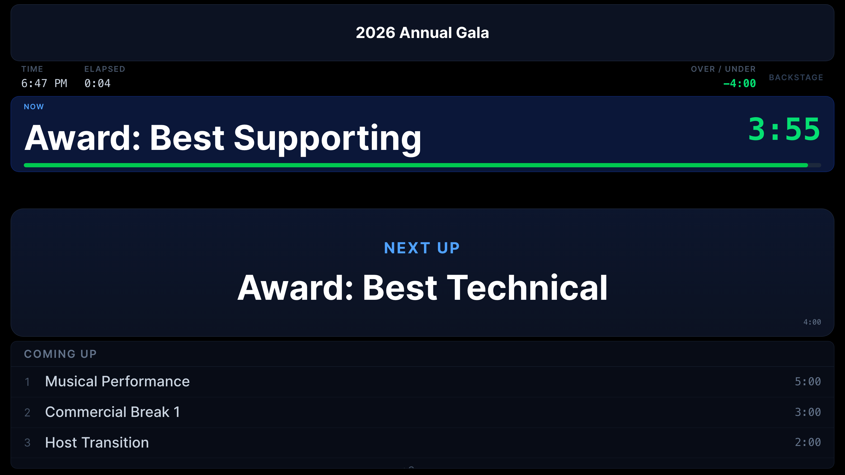 Show Caller Backstage Display — current cue with progress bar, NEXT UP, and a COMING UP list for the green room