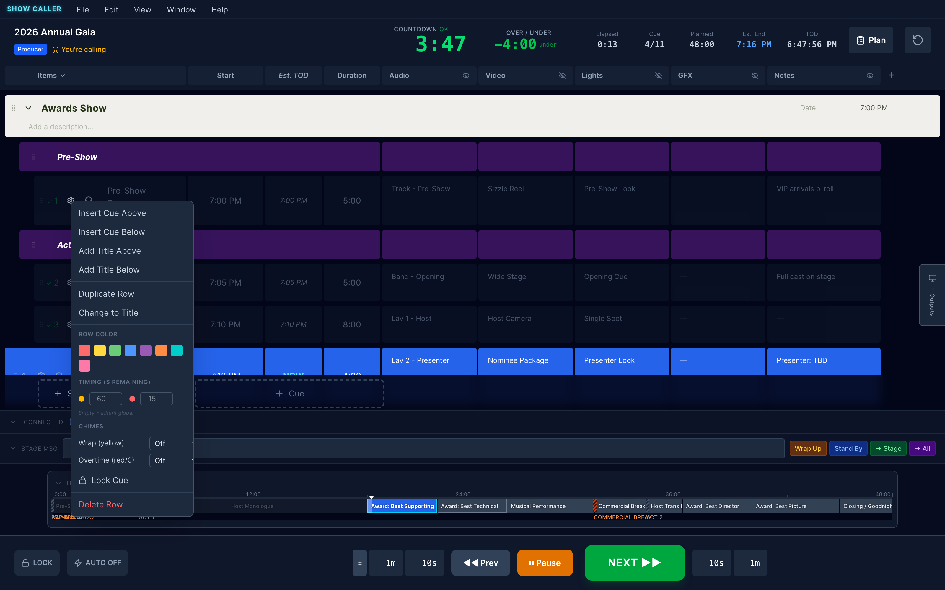 Cue setup popup with row color, per-cue timing thresholds, chimes, lock, trigger, and delete options