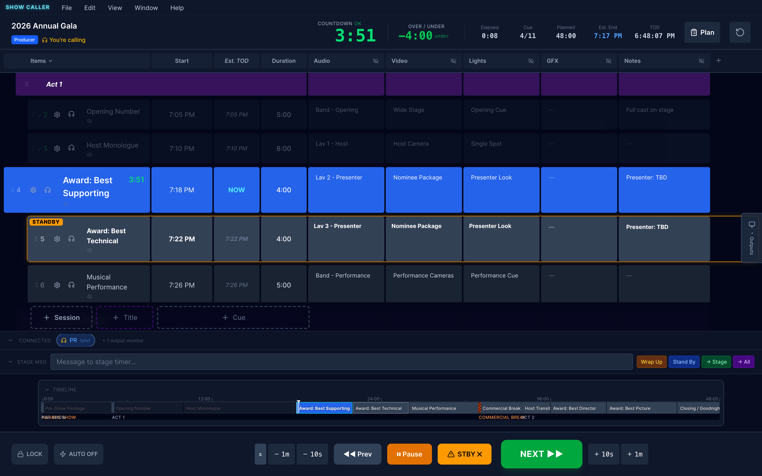Live View with department columns visible across each cue — each operator working in their own column without stepping on the others