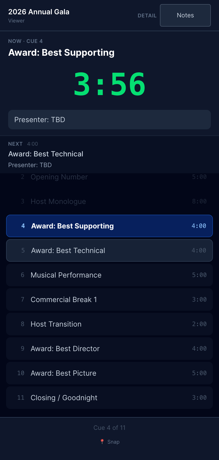 Mobile Cue View — phone-optimized view of current cue, big timer, and the upcoming cue list with transport controls