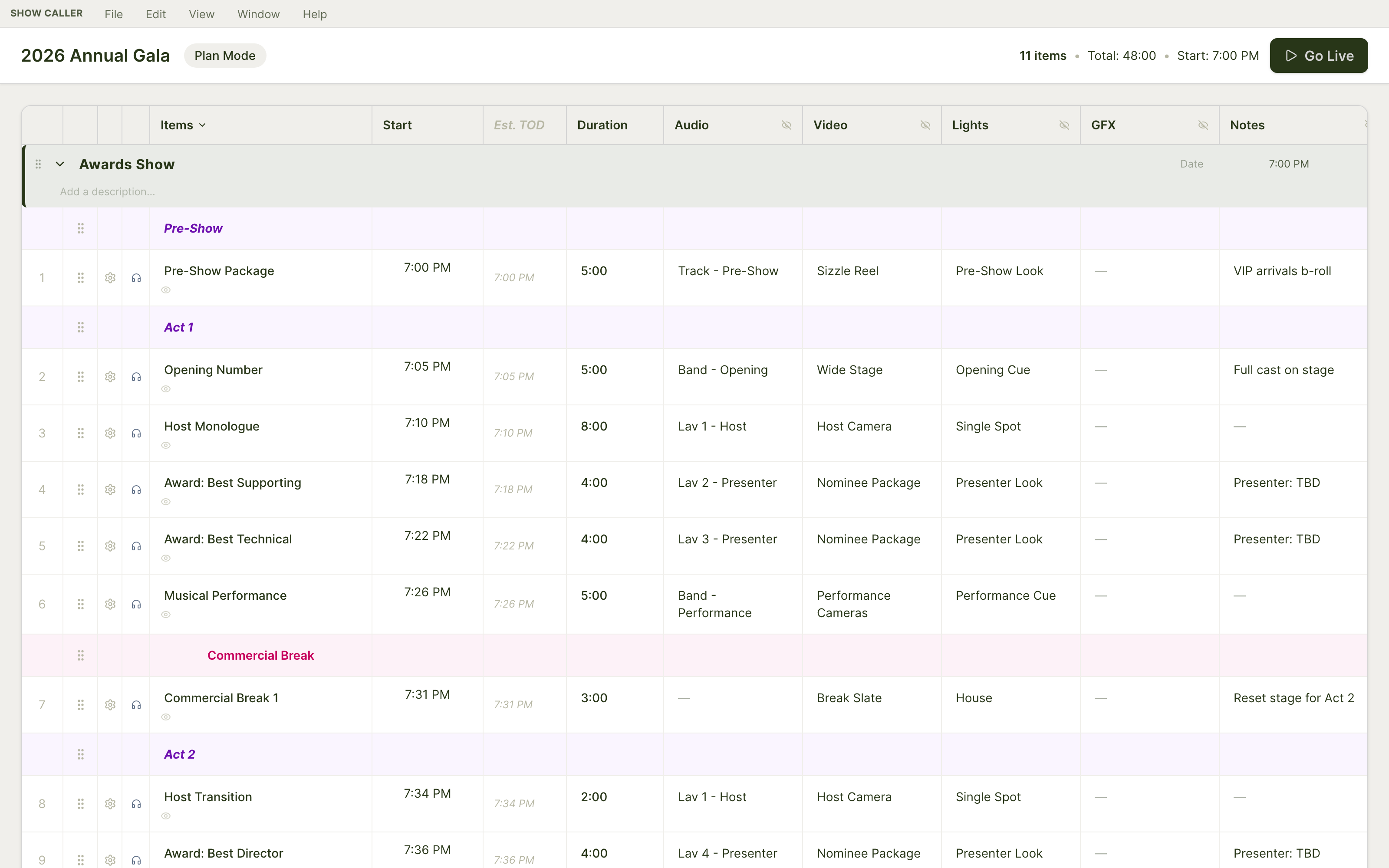 Plan View showing Sessions, Title rows (Pre-Show, Act 1), and Cues with department columns