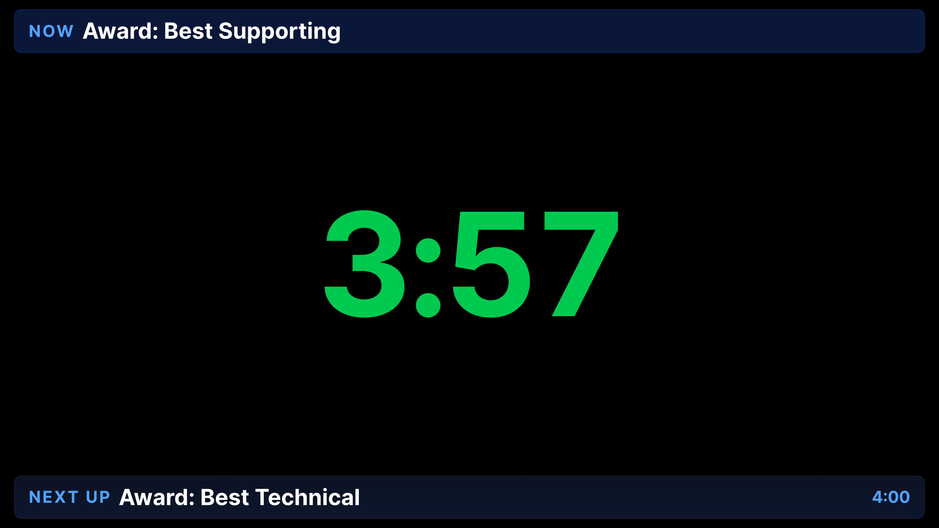 Show Caller Stage Timer — fullscreen talent-facing countdown with NOW and NEXT UP cards